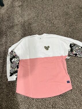 Disney White & Pink Colorblock Long Sleeve Tee with Leopard Mickey Accent